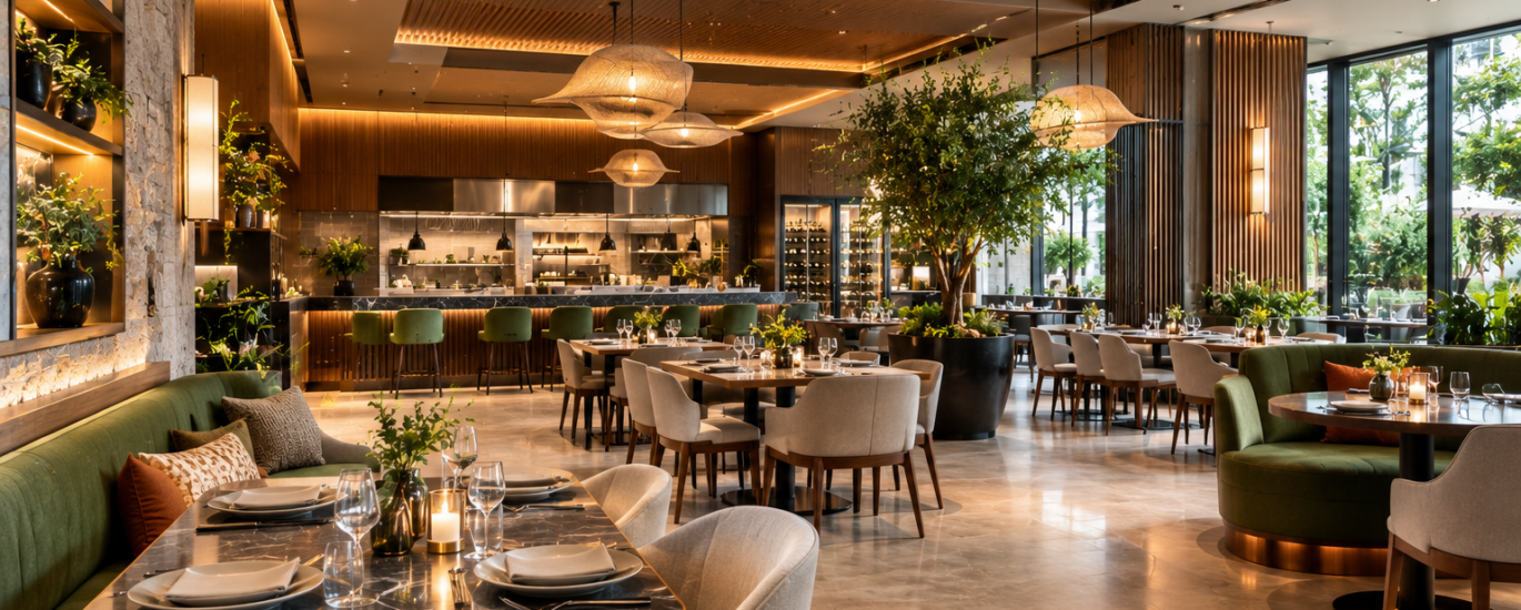 Luxury restaurant interior design with modern dining area, premium finishes and layered lighting