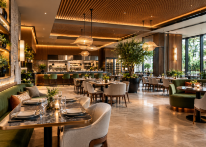Luxury restaurant interior design with modern dining area, premium finishes and layered lighting